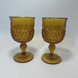 #S15-Vintage Indiana Amber Glass Goblets Diamond Point Set of 2 - Picture 1 of 4