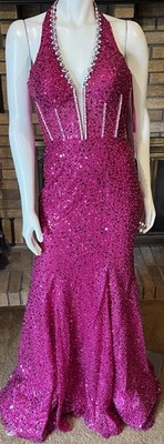 Jovani D5302 с бретелью через шею корсет обвязки платье фуксия бисером блестки новый с Ярлыками размер 4 - Изображение 1 из 4