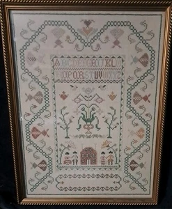 VINTAGE ANTIQUE COMPLETED NEEDLEPOINT/CROSS STITCH LINEN SAMPLER... - Picture 1 of 16