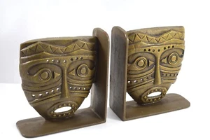 SUJETALIBROS MÁSCARA TIKI HIERRO FUNDIDO BRONCEADO MEDIADOS DE SIGLO - Imagen 1 de 6