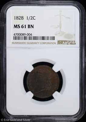 1828 1/2c Classic Head Half Cent NGC MS 61 BN | Uncirculated UNC - Image 1 of 4