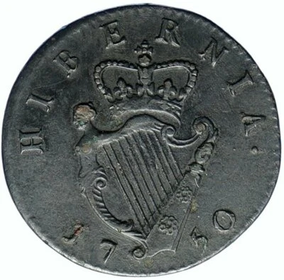 1750 IRELAND UK King George II Antique Lyre VINTAGE OLD 1/2 Penny Coin i99752 - Image 1 of 3