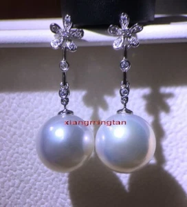 Top natural real 18K GOLD diamond 12-13MM SOUTH SEA white PEARL Dangle EARRINGS - Picture 1 of 5