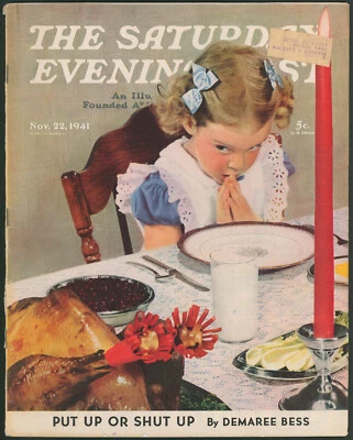 Saturday Evening Post November 22 1941 Thanksgiving Dinner Little Girl Praying - Image 1 of 4