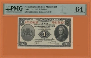 NETHERLANDS INDIES 1 GULDEN 1943 PICK # 111a PMG 64 CHOICE UNCIRCULATED. - Picture 1 of 2
