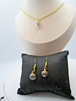 Mini Set of 8mm Glass Globe/Orb Mustard Seed Earring & 18" Necklace 14K GF Chain Foto 1 de 3