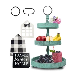 Adjustable 3 Tier Tray Stand With Farmhouse Decor - Teal Decorative Trays, Cu... - Picture 1 of 6