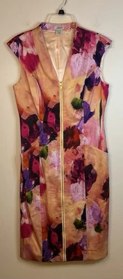 J PETERMAN Watercolor Floral Sleeveless Sheath Dress Women 8 Front Zip V-Neck - Image 1 of 4
