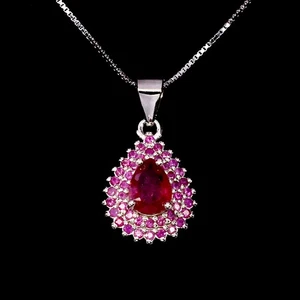 925 Sterling Silver Necklace Pear Ruby 7x5mm Natural Gemstone Jewelry 18inches - Picture 1 of 13