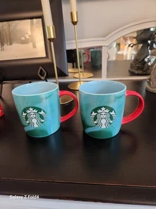 Set of 2 - Starbucks 2024 Blue Green Marbled Coffee Mug 11 Oz Red Handle - Picture 1 of 5