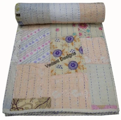 Индийское вышитое лоскутное одеяло Kantha хлопковое богемное двустороннее покрывало - Изображение 1 из 4