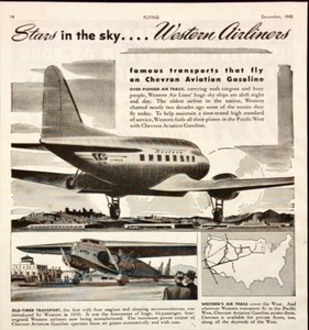 Pubblicità Stampa 1945 Chevron Aviation Benzina Power Western Airlines Pacific West - Foto 1 di 7