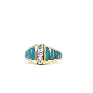 Kabana 14K Yellow Gold 3 Round Diamonds and Opal Inlay Ring Size 6.25 - Picture 1 of 8