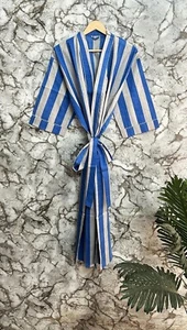 Cotton Robe Long Kimono Sleepwear Indian Blue Striped Printed Night Suit Kimonos - Picture 1 of 4