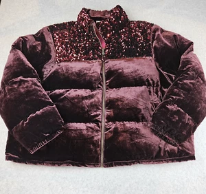 Anthropologie Maeve Vera Sequined Velvet Puffer Jacket Sz 2XL Wine Burgundy $248 - Picture 1 of 21