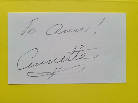 Annette Funicello Disney Gold!Signed , Autographed 3X5 Card Inscribed To. Ann Cover