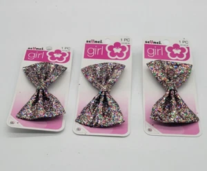3 PACK SCUNCI GIRL SILVER GLITTER BOW WITH BUILT IN CLIP - Picture 1 of 8