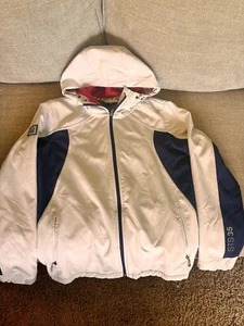 Women’s Sperry Top-Sider STS35 White And Blue All Weather Coat With Hood Size L - Picture 1 of 10