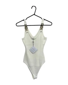New MINNIE & CO Women's White Rib Knit Bodysuit M/L with Tortoiseshell Detail - Picture 1 of 6