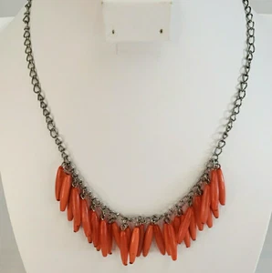 Peach Bugle Bead Charm Statement Necklace Silver Tone (R5-21) - Picture 1 of 5