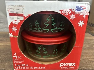 Pyrex Simply Store 4 Piece Glass Christmas Trees Holidays Storage Set Lids NEW - Picture 1 of 7