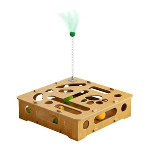 1pc Cat Puzzle Toy Cat Toy Wood Box With Feather And Balls For Indoor Cats - Picture 1 of 12
