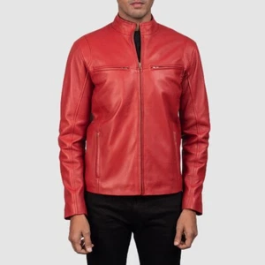 Mens Red Leather Jacket Biker Motorcycle 100% Genuine Leather Red Lined Coat - Picture 1 of 5