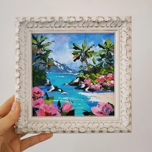Tropical Beach Hawaii Painting Art Landscape Impasto Oil Painting Original 6x6 - Picture 1 of 8
