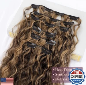 Lonai Hair Extensions Clip In 6 pc 24” Chocolate Brown/Caramel Blonde Curly - Picture 1 of 11