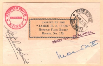 INDIA Air 1938 Card ROCKET MAIL *JAMES COOK* Alipore STEPHEN SMITH Signed MAL28 - Image 1 of 4