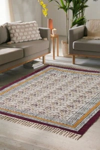 Handmade Floral Printed Indian Cotton Dhurrie Rugs for living room, home decor - Picture 1 of 11