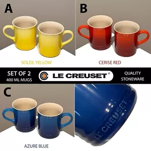 2 New Le Creuset Stoneware Coffee Mugs 14oz (400ml) Soleil / Cerise / Azure - Picture 1 of 13