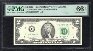 FR. 1940-F 2013 $2 FRN “LADDER S/N F12345667A” PMG GEM UNCIRCULATED-66EPQ - Picture 1 of 2