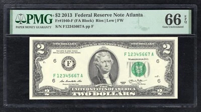 FR. 1940-F 2013 $2 FRN “LADDER S/N F12345667A” PMG GEM UNCIRCULATED-66EPQ - Image 1 of 2