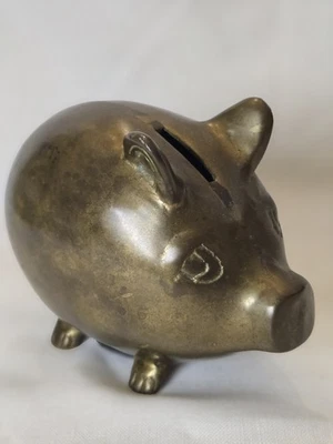 Vintage Solid Brass Piggy Bank Figurine – Heavy, 5” Long, Patina, Rubber Stopper - Image 1 of 4