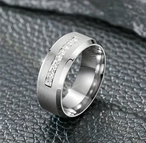 Mens Ring CZ Inlaid Ring Couples Engagement Wedding Band Valentine's Gift - Picture 1 of 10