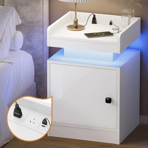 Oikiture Bedside Table LED Nightstand USB Charging Station Side Table White - Picture 1 of 10