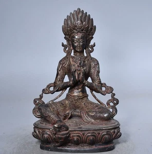 8.7" China Old Antique Tibetan Buddhism Brass Gilt Tara Guanyin Buddha Statue - Picture 1 of 9