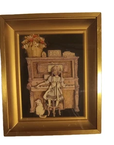 Vintage Piano Art Framed 3D Cottagecore Paper Diorama Layered Girl And Kitten - Picture 1 of 5