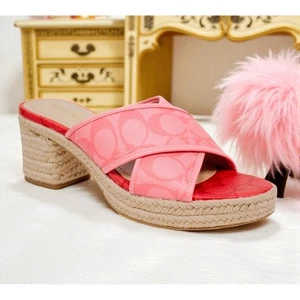 Sandalias COACH Sloan Sig Alpargata Rosa Limonada/Rojo Pop Tacón Bloque Talla 7 Usadas en Excelente Condición - Imagen 1 de 11