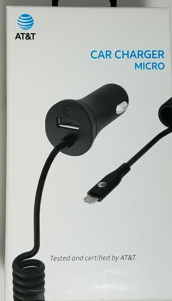 AT&T Micro USB Car Charger 7ft Black Coil 4.8 Amp Extra USB Port -