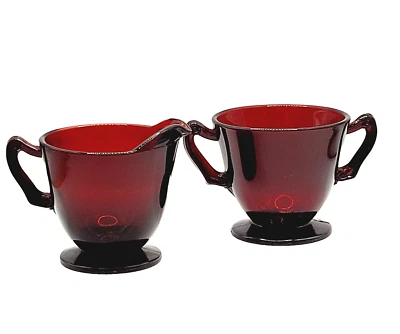 Royal Ruby Anchor Hocking Glass MCM Vintage 1940s Red Sugar Bowl & Creamer - Image 1 of 4