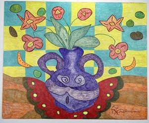 Original Drawing Abstract Flowers In Vase Bouquet Colorful 14x17” Still Life - Picture 1 of 15