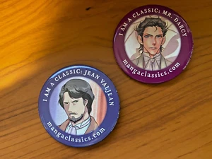 mangaclassics.com Pinback Button Lot x2 I'm A Classic: Jean Valjean & Mr. Darcy - Picture 1 of 2