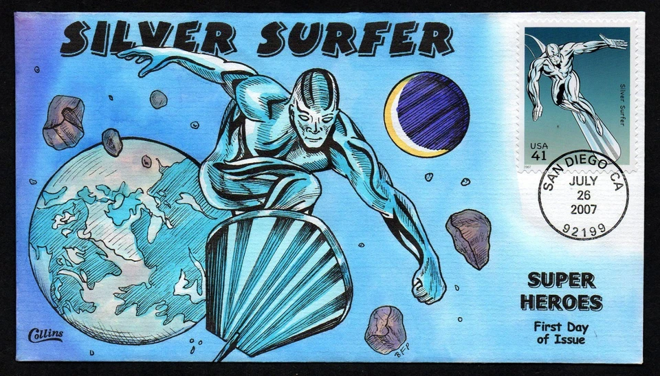 EE. UU., SCOTT #4159-F, CUBIERTA COLLINS FDC 2007 SILVER SURFER SUPERHEROES pintada a mano Foto 1 de 1