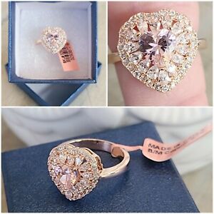 Fashion Ring Rose Gold Pink Heart Ruby Rhinestones Beautiful Ring Size 8