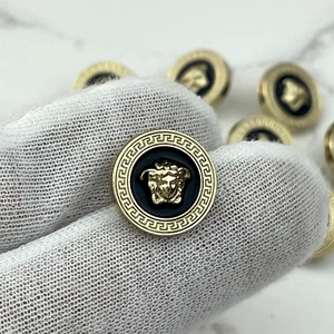 9 SMALL VERSACE BUTTONS MEDUSA LOGO GOLD BLACK METAL 15MM VINTAGE - Picture 1 of 4