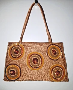 Abendtasche Satin Clutch mit Perlen und Pailletten Hellbraun/Gold/Kupfer - Bild 1 von 4