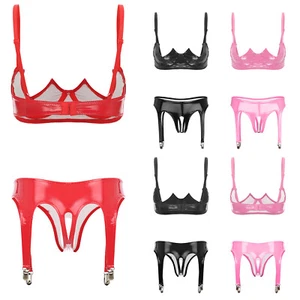 Womens Shiny Leather Outfits Bra with Crotchless Thong Garter Lingerie AU - Picture 1 of 33