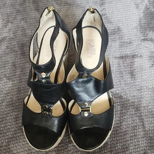 Karl Lagerfeld Size 7M SAVOIE Black Leather Wedge Heel Sandals Womens Shoes - Picture 1 of 9